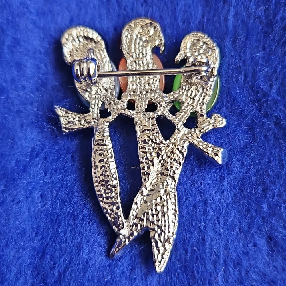 Vintage Jelly Belly And Rhinestones Parrots On A Branch Brooch Silvertone EUC - Picture 3 of 7